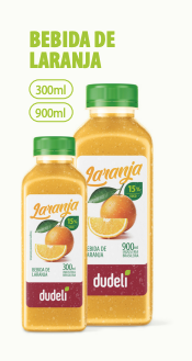Bebida de laranja Dudeli em garrafas 300ml e 900ml