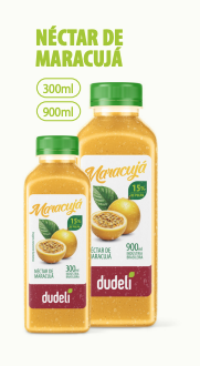 Néctar de maracujá Dudeli em garrafas 300ml e 900ml