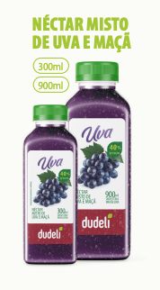 Néctar misto de uva e maçã Dudeli em garrafas 300ml e 900ml