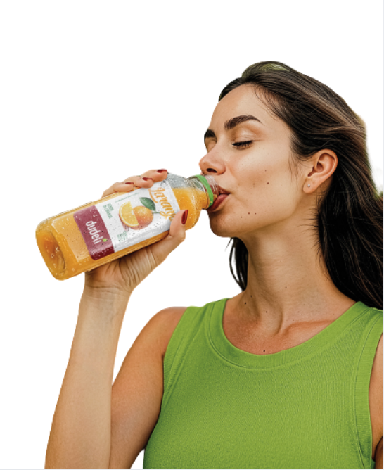 Mulher bebendo suco Dudeli